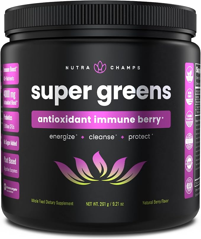 NutraChamps Super Greens Powder Premium Superfood | 20+ Organic Green Veggie Whole Foods | Wheat Grass, Spirulina, Chlorella | Antioxidant, Digestive Enzyme & Probiotic Blends (9.1 OZ, Antioxidant)