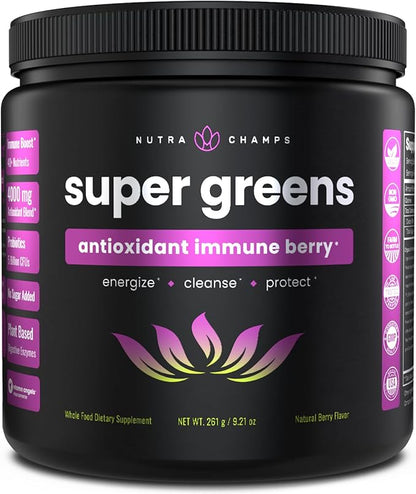 NutraChamps Super Greens Powder Premium Superfood | 20+ Organic Green Veggie Whole Foods | Wheat Grass, Spirulina, Chlorella | Antioxidant, Digestive Enzyme & Probiotic Blends (9.1 OZ, Antioxidant)
