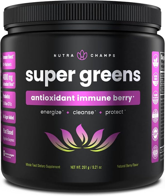 NutraChamps Super Greens Powder Premium Superfood | 20+ Organic Green Veggie Whole Foods | Wheat Grass, Spirulina, Chlorella | Antioxidant, Digestive Enzyme & Probiotic Blends (9.1 OZ, Antioxidant)