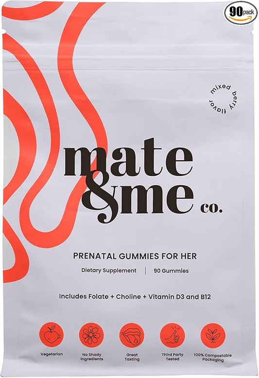 Mate & Me Prenatal Gummies for Women – Reproductive Health Support with Methylfolate, Zinc, Vitamins K2 & D3 – 90 Count