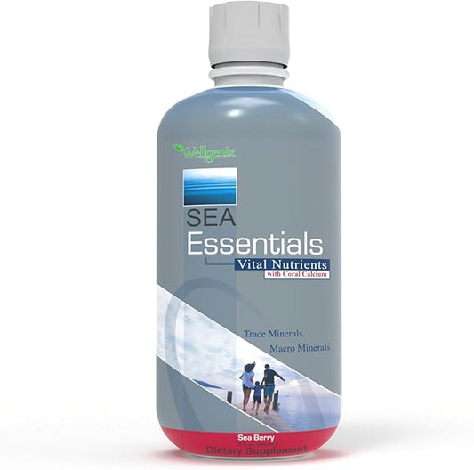 Wellgenix Sea Essentials Coral Calcium Liquid Vitamin for High Absorption - Nutritional Multivitamin Supplement - Sea Berry Flavor 32 Oz