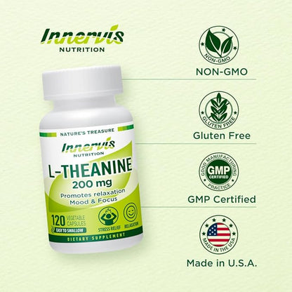 L-Theanine 200mg - Promotes Relaxation Focus and Concentration 120 Veggie Capsules Stress Relief Supplement