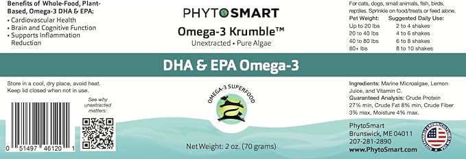 Omega-3 Krumble EPA and DHA for Pets - 70Grams Shaker Top. Pure Un-extracted Marine Micro-Algae Provides Pets with Complete Essential Fats for Total Body Health