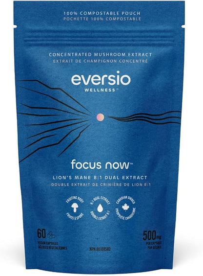 Eversio Wellness Organic Lion’s Mane Mushroom Supplement Focus Now - 8:1 Dual Extract, 500mg, 60 Vegan Capsules, >35% Beta-D-Glucans, Memory & Focus Support