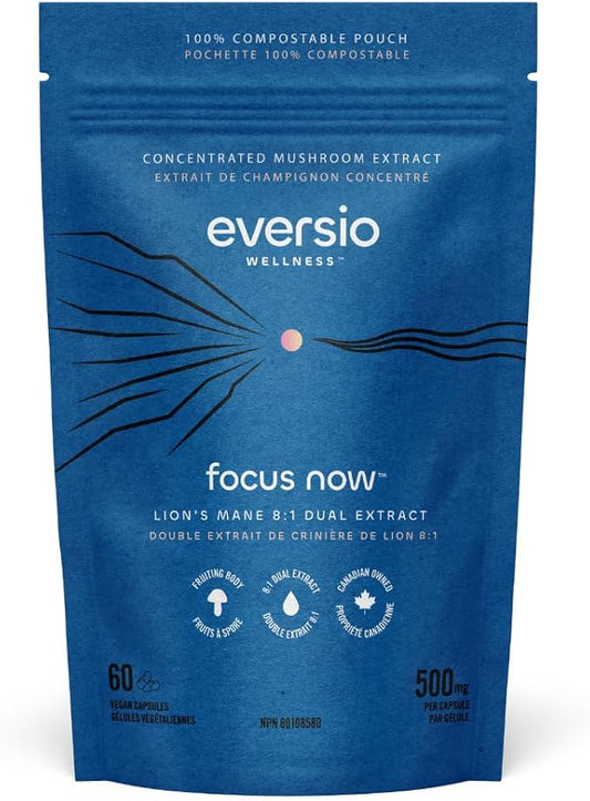 Eversio Wellness Organic Lion’s Mane Mushroom Supplement Focus Now - 8:1 Dual Extract, 500mg, 60 Vegan Capsules, >35% Beta-D-Glucans, Memory & Focus Support