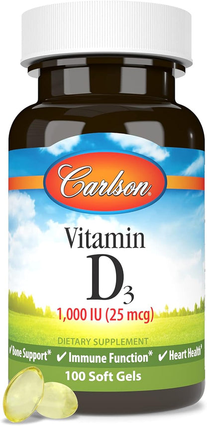 Carlson - Vitamin D3, 1000 IU (25 mcg), Bone Health, Muscle Health, Cholecalciferol, Vitamin D Supplements, Vitamin D3 Soft Gels, 100 Softgels