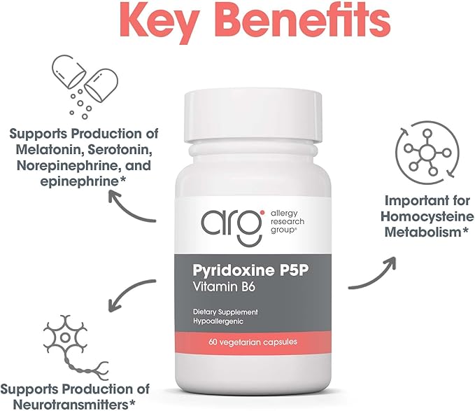 Allergy Research Group Pyridoxine P5P Supplement - Active Vitamin B6 275mg, Pyridoxal-5-Phosphate, Metabolism Support, Hypoallergenic, Vegetarian Capsules - 60 Count