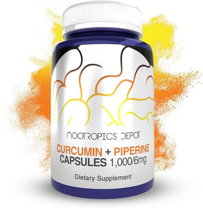 Nootropics Depot Curcumin + Piperine Capsules | 1000mg Curcumin + 6mg Piperine | 180 Count