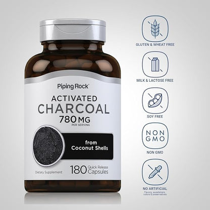 Piping Rock Activated Charcoal Pills | 780 mg | 180 Capsules | from Coconut Shells | Non-GMO, Gluten Free Supplement