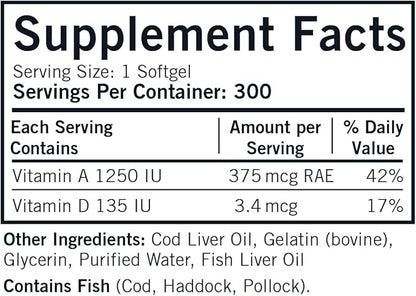 Kirkman - Cod Liver Oil with Vitamin A & D - 300 Softgels - Essential Fatty Acids - Supports Foundational Health - Hypoallergenic