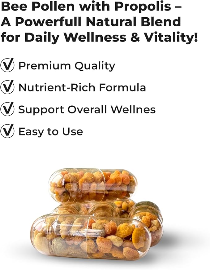 Bee Pollen – 100 Vegetarian Capsules with Propolis - Organic Multivitamin for Men, Women - Fermented Granules - Immune, Energy Support - Non GMO, Pregnancy Friendly