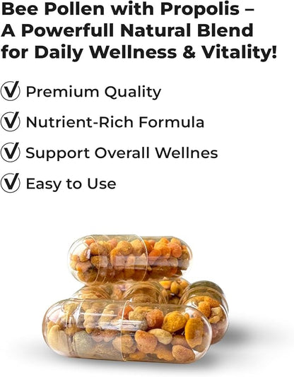 Bee Pollen – 100 Vegetarian Capsules with Propolis - Organic Multivitamin for Men, Women - Fermented Granules - Immune, Energy Support - Non GMO, Pregnancy Friendly