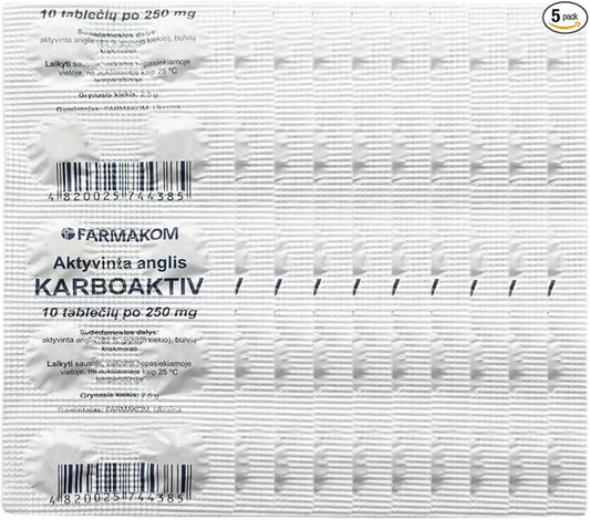 Activated Carbon Charcoal Tablets Digestion Food Supplement 5 Sheets X 10 Tablets