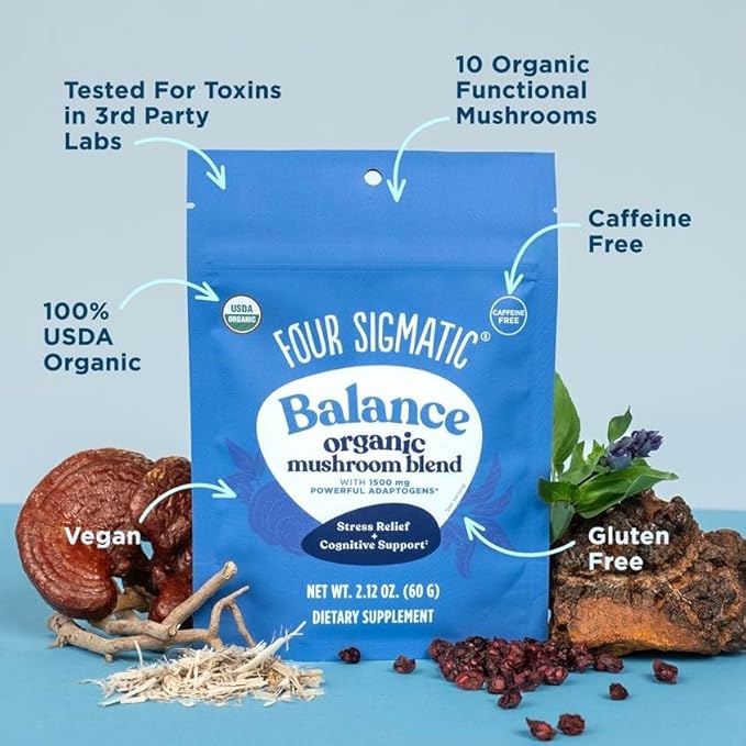 Four Sigmatic Adaptogen and Mushroom Blend Balance Mix | Adaptogen Supplement with Ashwagandha, Moringa, Holy Basil, Reishi, Chaga and More | Natural Stress Relief and Immune Support Supplement