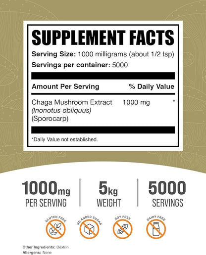 BulkSupplements.com Chaga Mushroom Extract Powder - Mushroom Supplement, from Chaga Mushrooms - 1000mg of Chaga Powder Extract per Serving, Gluten Free (5 Kilograms - 11 lbs)