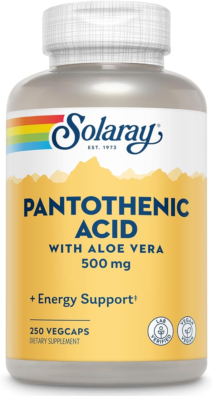 SOLARAY Pantothenic Acid 500mg - Vitamin B 5 - B Vitamin for Coenzyme-A Production, Energy Metabolism, Digestive Health, Hair Health, Skin and Nails Support - Vegan, 60-Day Guarantee - 250 VegCaps