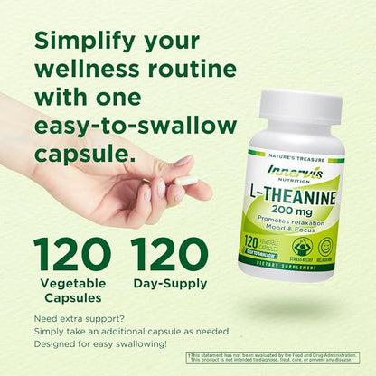 L-Theanine 200mg - Promotes Relaxation Focus and Concentration 120 Veggie Capsules Stress Relief Supplement