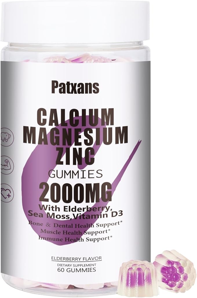 1 Pack 2000MG Calcium Magnesium Zinc Gummies with Vitamin D3 & Elderberry, Sea Moss for Bone ＆ Tooth Strength, Muscle ＆ Immunity, Sugar-Free, Vegan, Blueberry Flavor, 60ct.