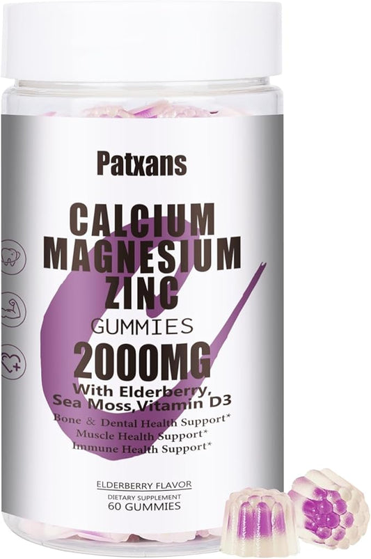 1 Pack 2000MG Calcium Magnesium Zinc Gummies with Vitamin D3 & Elderberry, Sea Moss for Bone ＆ Tooth Strength, Muscle ＆ Immunity, Sugar-Free, Vegan, Blueberry Flavor, 60ct.