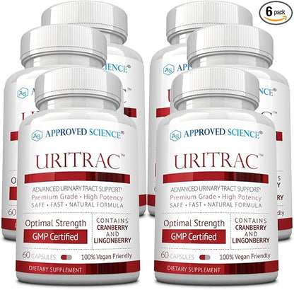Approved Science® Uritrac™ - UTI Support - Cranberry, D-Mannose, Lingonberry - Vegan Friendly - 60 Capsules per Bottle - Pack of 6