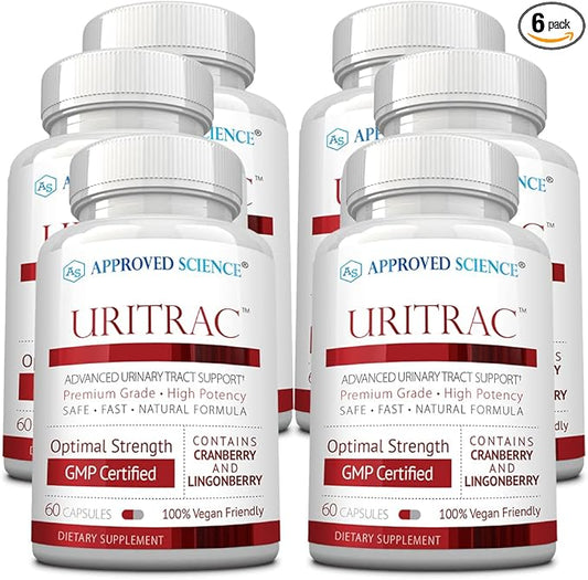 Approved Science® Uritrac™ - UTI Support - Cranberry, D-Mannose, Lingonberry - Vegan Friendly - 60 Capsules per Bottle - Pack of 6