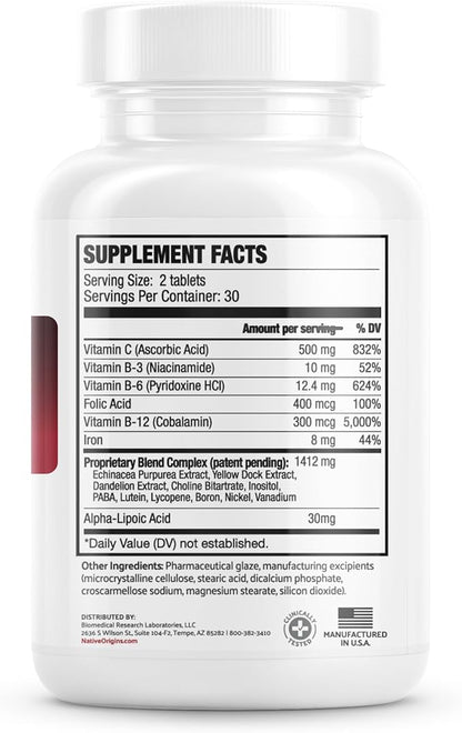 Natural Blood Builder Iron Supplement and Support for Healthy RBC & Oxygen Levels and Red Blood Cells Production for Women and Men - 60 Pills