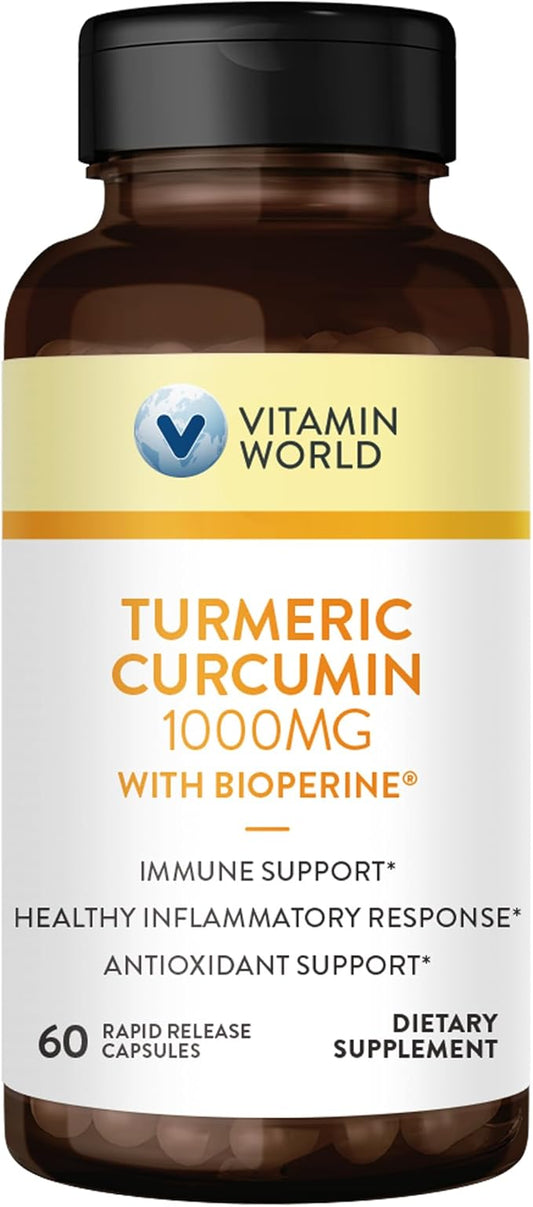 Vitamin World Turmeric Curcumin 1000mg, BioPerine Black Pepper Extract for Better Absorption, 95% Curcuminoids, Turmeric Supplement for Antioxidant & Joint Support, Gluten-Free, 60 Capsules