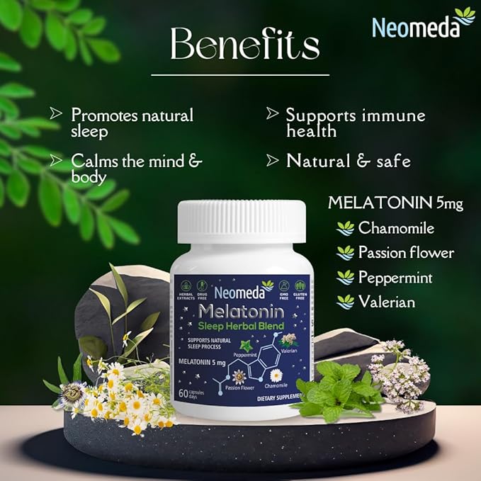 Melatonin Sleep Herbal Blend - Natural Support for Restful Nights with 5mg Melatonin & Calming Herbs - Drug-Free Dietary Supplement, 60 Capsules, 60-Day Supply