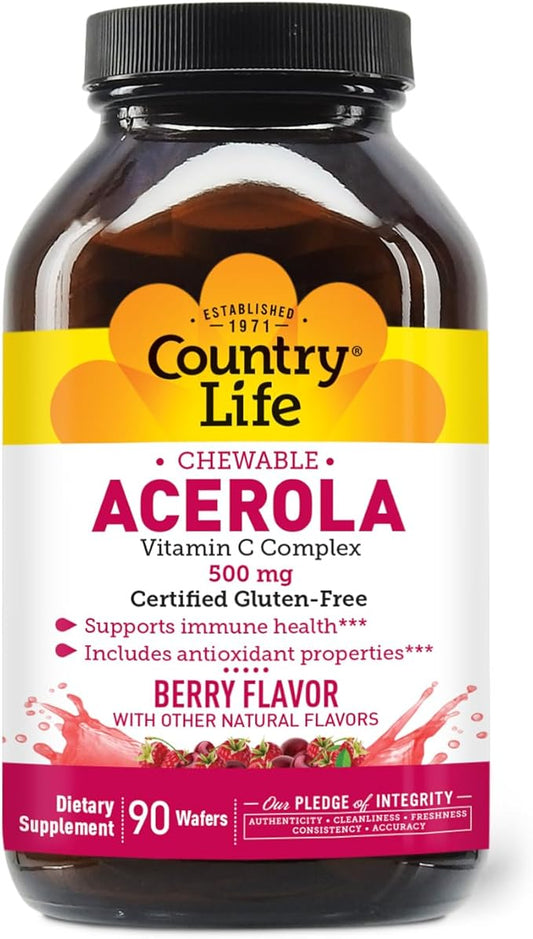 Country Life Acerola Vitamin C Complex, 500mg, Chewable Berry Flavored Wafers, Supports Immune Health, 90 Wafers, Certified Gluten Free by GFCO, Certified Vegan by AVA