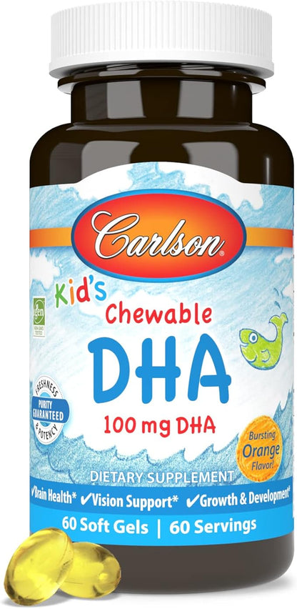 Carlson - Kid's Chewable DHA, 100 mg DHA, Brain & Vision Function, Growth & Development, Orange, 60 Chewable Softgels