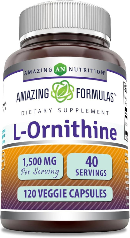 Amazing Formulas L-Ornithine 1500 Mg Per Serving Veggie Capsules Supplement | Non-GMO | Gluten Free | Made in USA (120 Count)