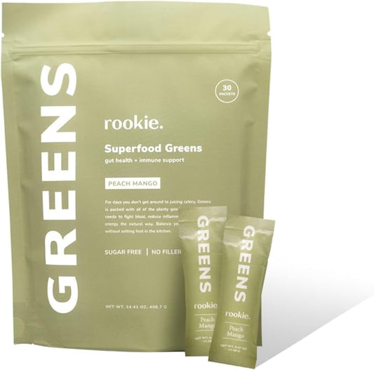 Natural Greens Supplements Superfood Powder Drink by Rookie Wellness, Gut Support Digestive Enzyme, Improve Mood, Immune Support, Peach Mango Greens Powder (30 Serving Bag)