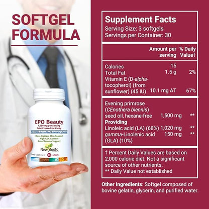 New Roots Evening Primrose Oil Supplement from Cold Pressed Oil - 500 mg (90 Softgels), High GLA Content Supports Women’s Health | Clear, Radiant Skin Support