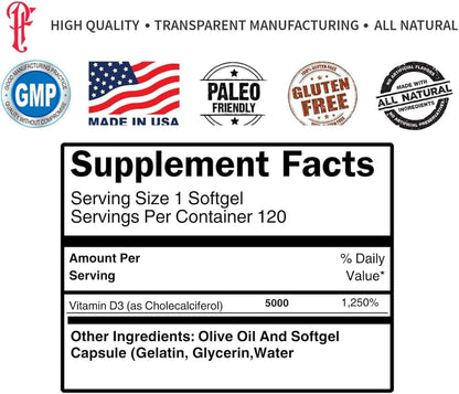 Physique Formula Vitamin D3 5000 IU (125 mcg) in Olive Oil All Natural Non-GMO Vitamin D3 Softgels to Support Muscle, Bone,& Immune System Health