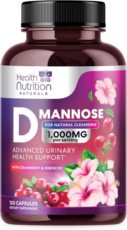 D-Mannose with Cranberry, Hibiscus & Dandelion 1350mg Advanced Formula – Urinary Tract Support Supplement for Women & Men – Flush & Cleanse Impurities – Non-GMO, Vegan for Women & Men – 120 Capsules
