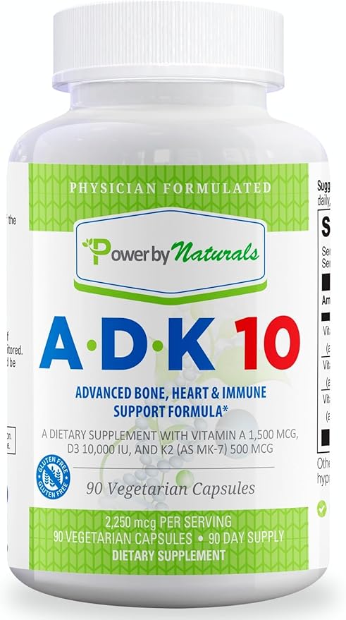 Power By Naturals ADK Vitamin Supplement – ADK 10 High Potency with Vitamins A, D3 10,000 IU & K2 MK7 for Superior Heart, Immune & Bone Health Support – 90 Capsules, 1 Pack (3-Month Supply)