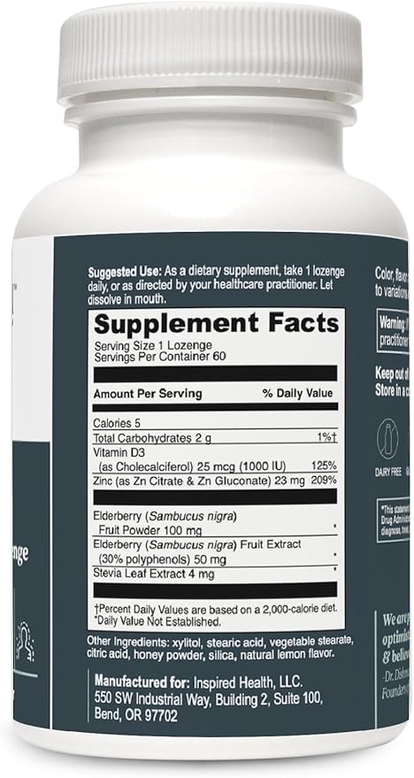 LUMINSPIRED HEALTH Immune Support Zinc Elderberry Lozenges with Vitamin C, Echinacea & Propolis - Natural Berry Flavor, 60 Count, Gluten-Free