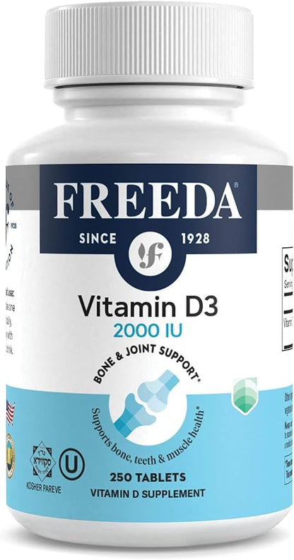 FREEDA Vitamin D3-2000 IU – High-Potency Vitamin D for Bone Strength & Immune Support – Easy-to-Swallow Tablets – 250 Tiny Tablets