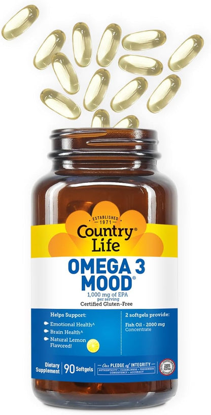 Country Life Omega 3 Mood, 2000mg Fish Oil with EPA & DHA, 90 Softgels, Certified Gluten Free