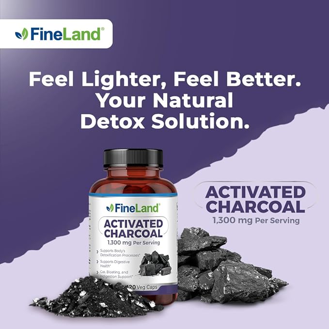 FineLand Activated Charcoal 1300mg Capsules - Detox Cleanse, Gas & Bloating Relief, Circulation & Cholesterol Support - 120 Vegan Pills