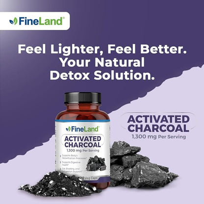 FineLand Activated Charcoal 1300mg Capsules - Detox Cleanse, Gas & Bloating Relief, Circulation & Cholesterol Support - 120 Vegan Pills