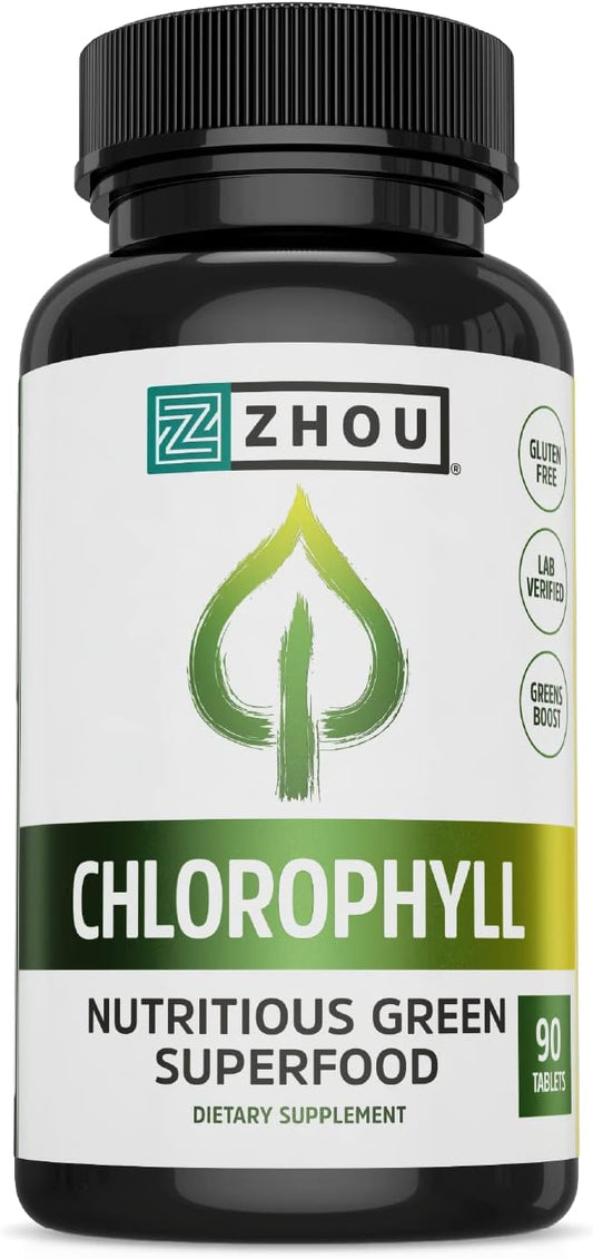 Zhou Nutrition Chlorophyll Tablets, Nutritious Green Superfood, Herbal Supplement, Gluten-Free, Herbal Support, 90 Tablets