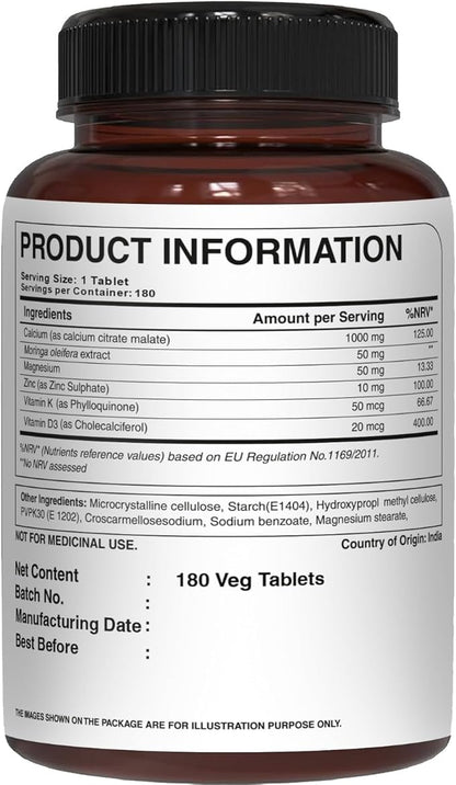 Pure Nutrition Ultra Calcium Citrate 1000mg Highly absorbable Calcium Supplement with Calcium Citrate Malate, Vitamin D, Zinc and Magnesium - 1 Tablet Daily (180 Veg Tabs) Non-GMO | Gluten-Free