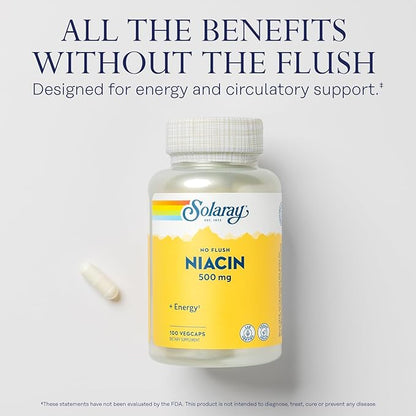 SOLARAY No Flush Niacin 500mg, Flush-Free Vitamin B3 Niacin, Energy and Circulatory System Support, Vegan, Lab Verified, 60-Day Money-Back Guarantee, 100 Servings, 100 VegCaps