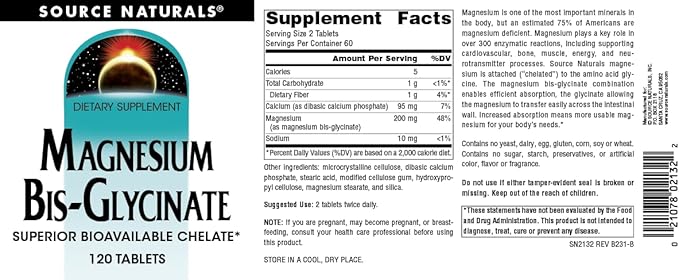 Source Naturals Magnesium Bis-Glycinate, Supports Cardiovascular and Muscle Health* - 120 Tablets