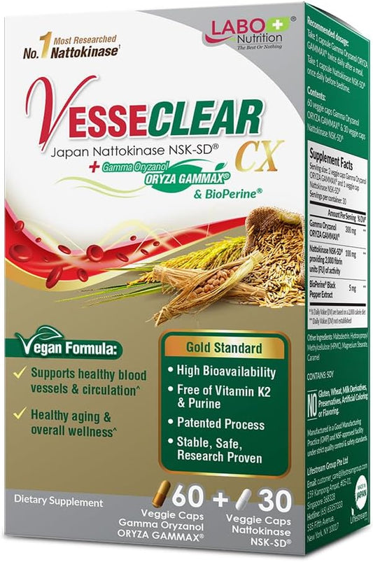 LABO Nutrition VesseCLEAR CX: Nattokinase NSK-SD + Gamma Oryzanol for Clean Blood Vessel & Healthy Ageing, Japan's Most Clinically Studied, Support Healthy Cholesterol, Heart, Vegan, Acid-Resistant