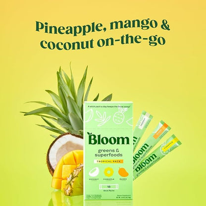 Bloom Nutrition Superfood Greens Powder Stick Packs, Digestive Enzymes with Probiotics and Prebiotics, Gut Health, Bloating Relief for Women, Chlorella, Green Juice Mix, 18 SVG, Tropical Variety