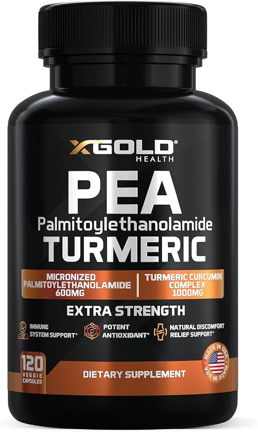 Palmitoylethanolamide 600mg + Turmeric Curcumin Complex 1000mg: Micronized Pea 99% Highly Purified and Bioavailable - Made in USA - Supplement for Men and Women - 120 Veggie Capsules