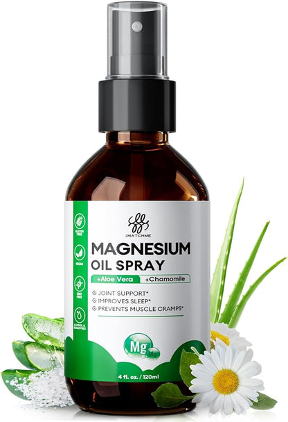 Magnesium Spray with Aloe Vera & Chamomile - Magnesium Oil for Feet, Leg Cramps, Joint Health & Sleep Support - Refreshing, Non-Greasy Formula - Pure, Topical and Natural Oil, 4oz