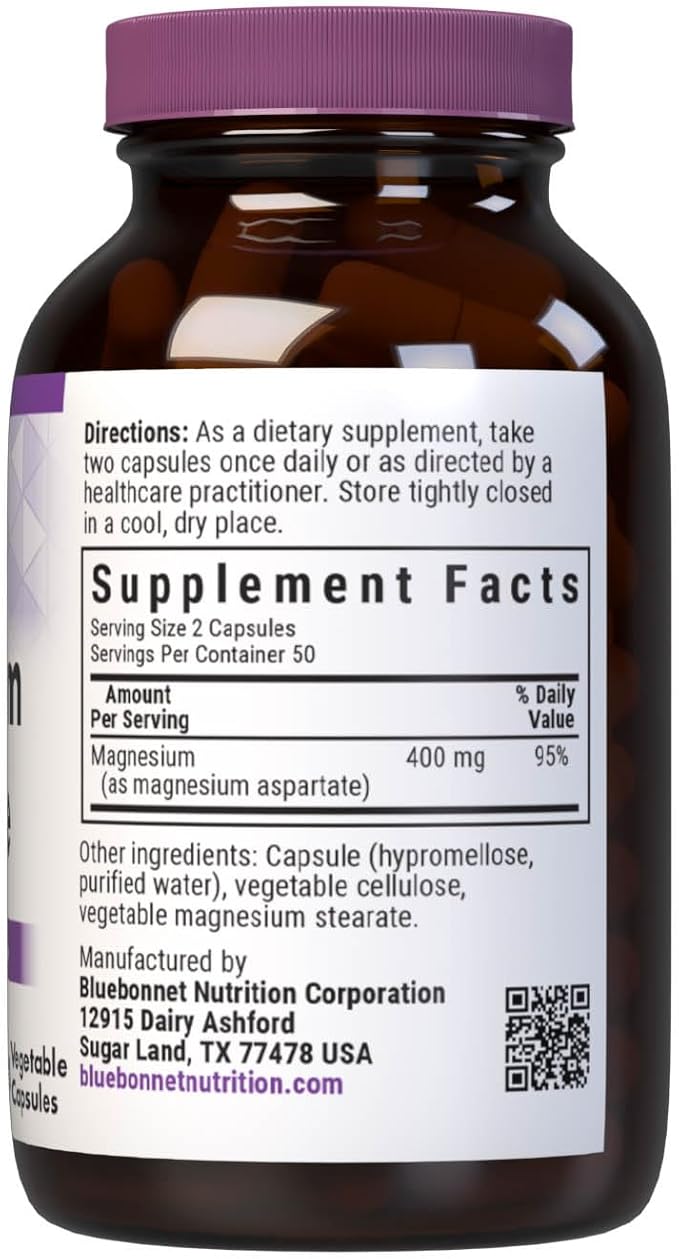 Bluebonnet Nutrition Magnesium 400 mg Chelated Magnesium Aspartate Daily Mineral, Heart & Bone Support* Supplement for Men & Women Vegan, Non-GMO - 100 Vegetable Capsules